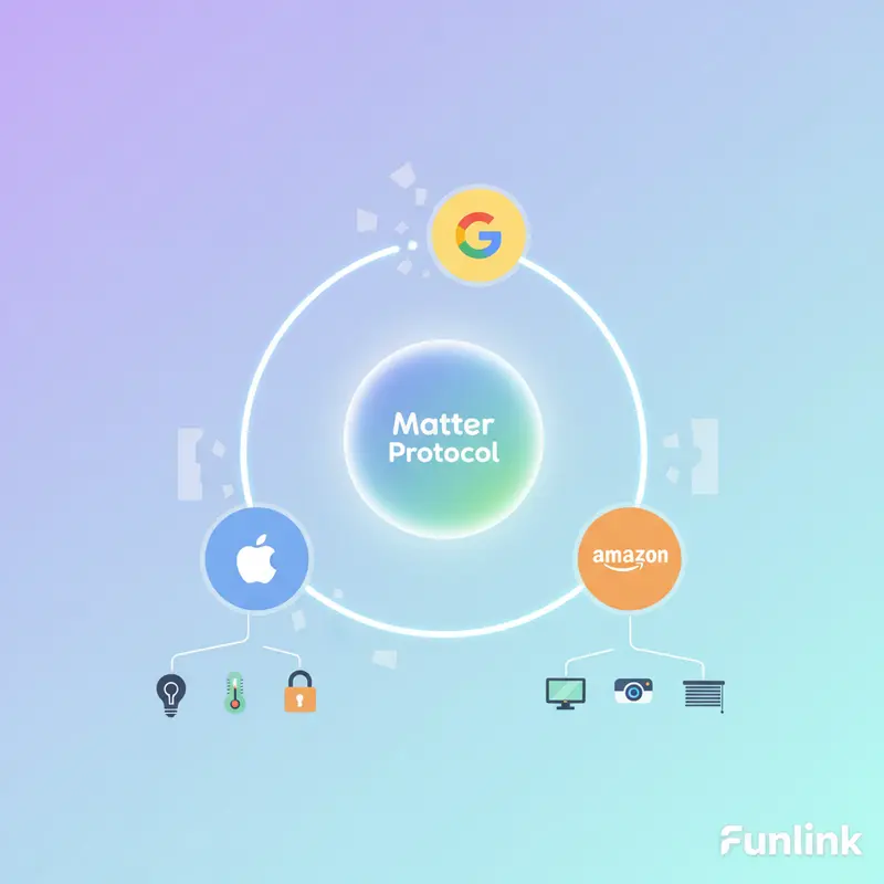 Sơ đồ giao thức Matter kết nối các thiết bị Apple, Google, Amazon thành một hệ sinh thái nhà thông minh thống nhất.