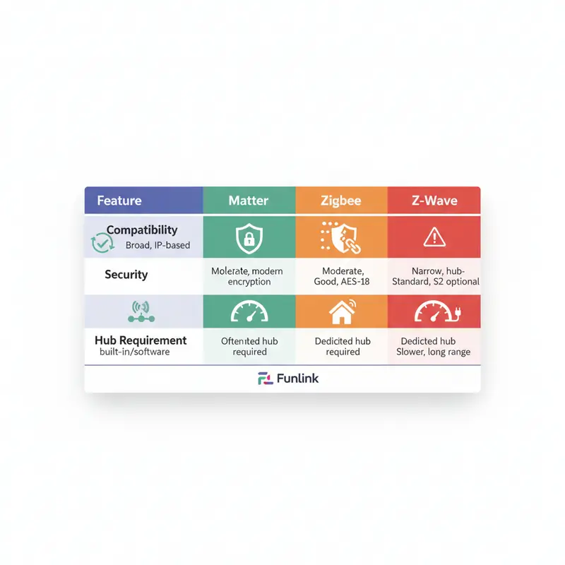 Bảng so sánh chi tiết giao thức Matter với Zigbee và Z-Wave về khả năng tương thích, bảo mật và tốc độ.