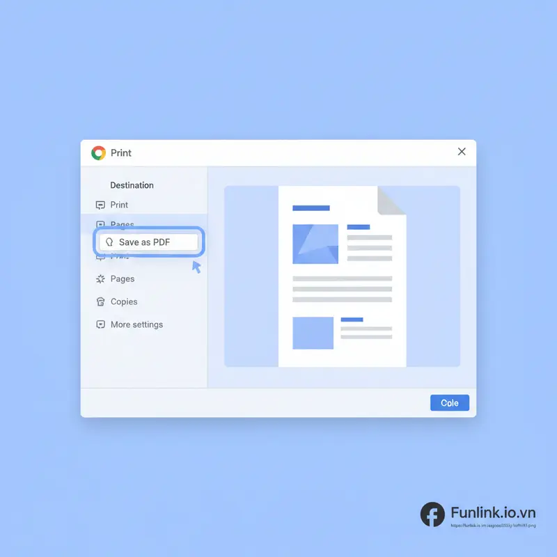 Hộp thoại in của Google Chrome, làm nổi bật tùy chọn Save as PDF để gỡ mật khẩu file PDF.