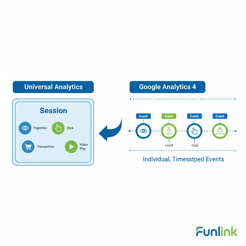 Sơ đồ giải thích mô hình event-based của Google Analytics 4 là gì so với session-based.