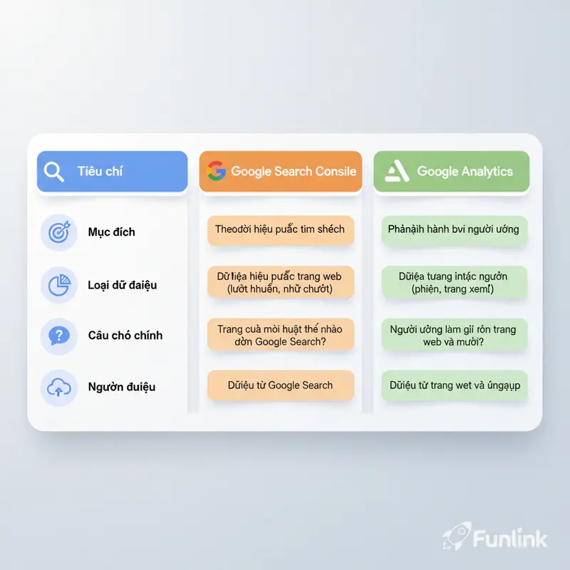 Bảng so sánh chi tiết Google Analytics và Google Search Console về mục đích và loại dữ liệu.