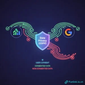 Tổng quan về Google Consent Mode v2 với các biểu tượng về quyền riêng tư, phân tích dữ liệu và tuân thủ GDPR.