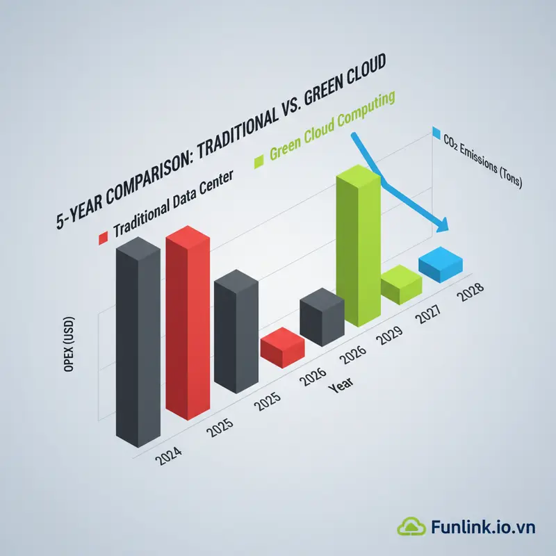 Biểu đồ so sánh chi phí và khí thải CO2 giữa trung tâm dữ liệu truyền thống và Green Cloud Computing.