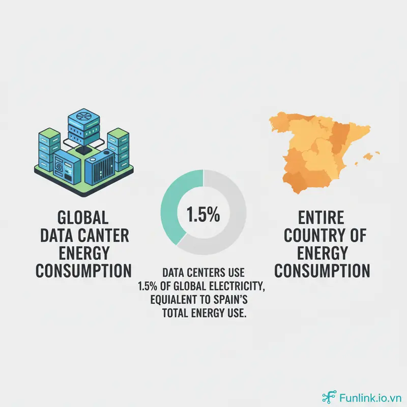Infographic về Green Cloud Computing cho thấy mức tiêu thụ điện năng khổng lồ của các trung tâm dữ liệu toàn cầu.