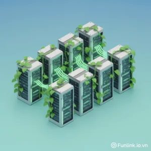 Green Cloud Computing - Minh họa trung tâm dữ liệu bền vững với các máy chủ được bao quanh bởi cây xanh và biểu tượng năng lượng tái tạo.