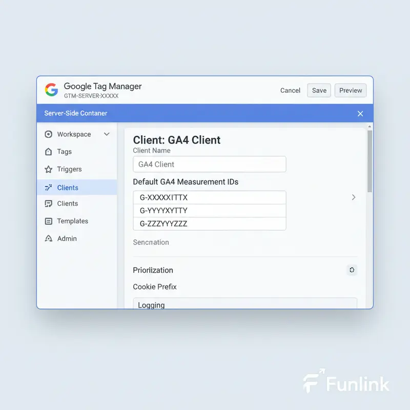 Giao diện cấu hình GA4 Client trong GTM Server-Side container.