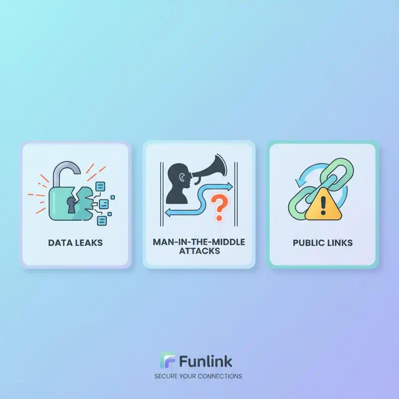 Infographic 3 rủi ro khi gửi file tạm thời an toàn: rò rỉ dữ liệu, tấn công nghe lén và link công khai.