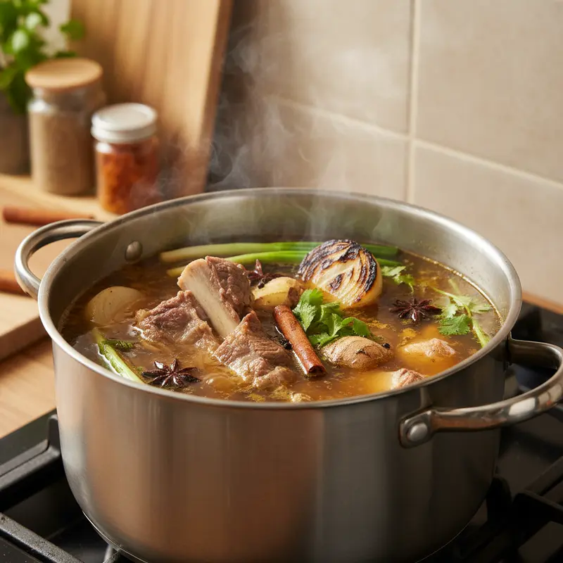 Nồi nước dùng phở bò đang được hầm trên bếp.