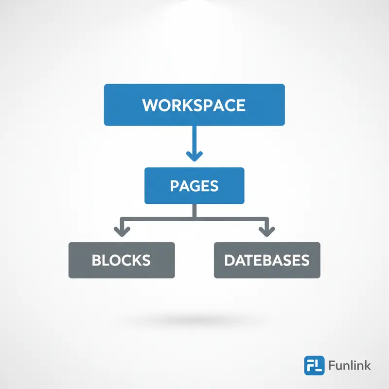 Sơ đồ giải thích cấu trúc hệ thống ghi chú Notion: Workspace, Pages, Blocks, và Databases.