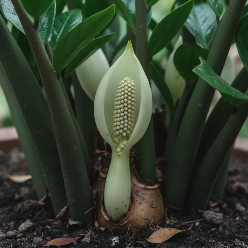 Hình ảnh bông hoa của cây kim tiền có hình dạng mo cau độc đáo