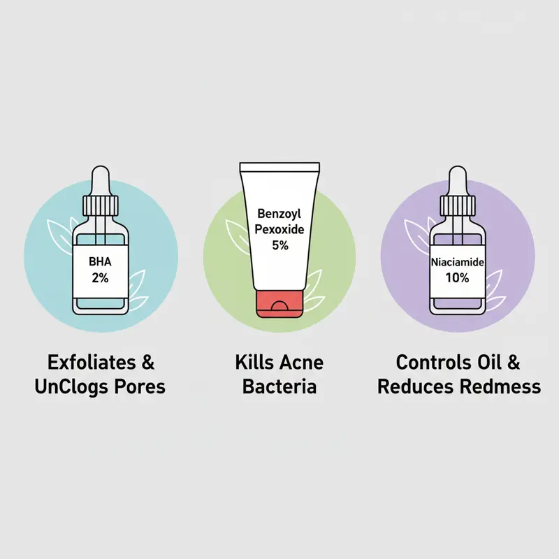 Các hoạt chất trị mụn phổ biến như BHA, Benzoyl Peroxide và Niacinamide.