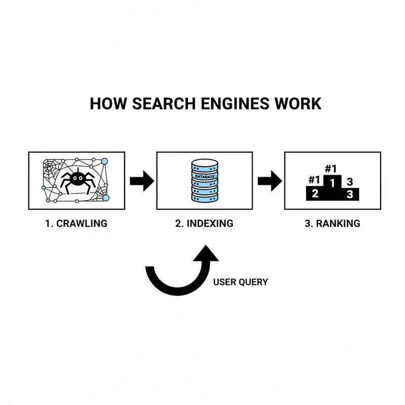 Diagram showing how search engines work: crawling, indexing, and ranking.