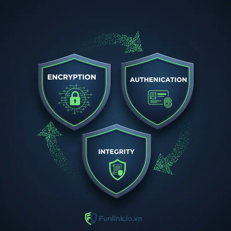 Infographic 3 lớp bảo vệ của HTTPS là gì: Mã hóa, Xác thực, Toàn vẹn
