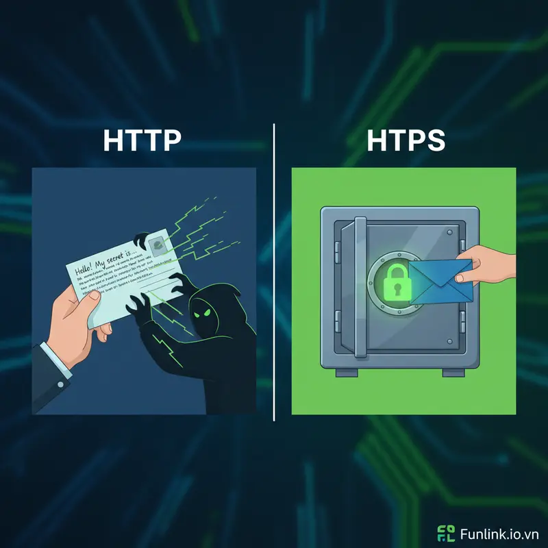 So sánh HTTPS là gì - HTTP như bưu thiếp không niêm phong, HTTPS như thư trong két sắt