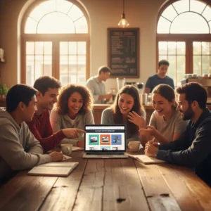 Một nhóm sinh viên đang ngồi cùng nhau và chọn mua laptop trực tuyến