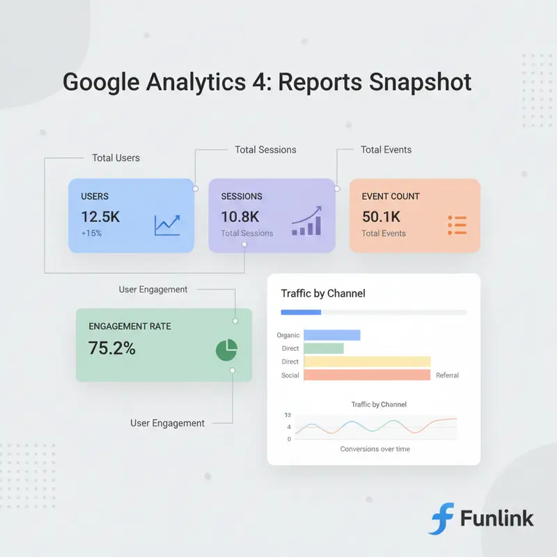 Hướng dẫn đọc báo cáo tổng quan Google Analytics 4 với các chỉ số quan trọng.