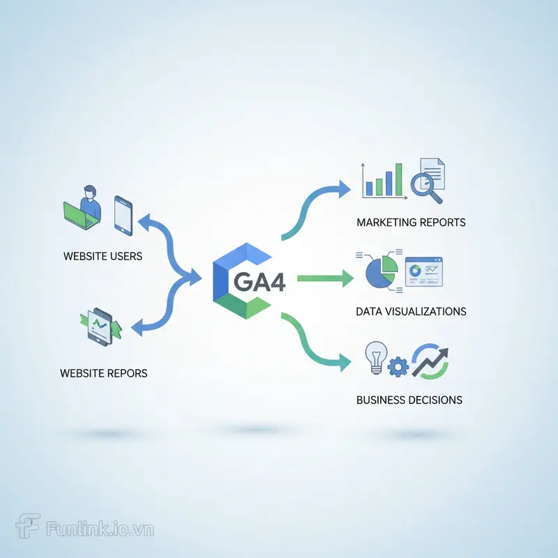 Hướng dẫn Google Analytics 4 - Sơ đồ luồng dữ liệu từ website đến báo cáo marketing.