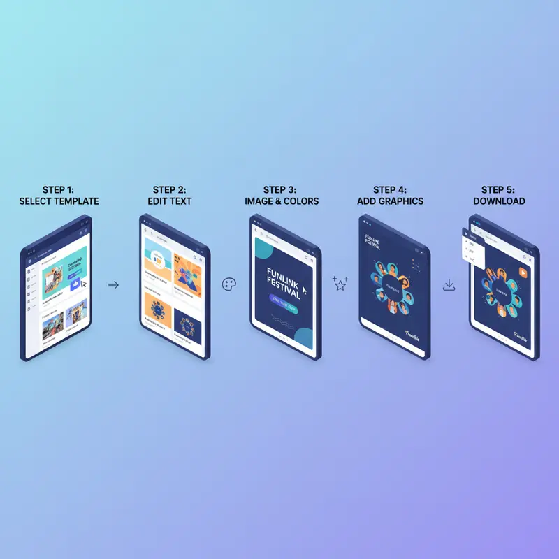 Hướng dẫn sử dụng Canva qua 5 bước thiết kế từ chọn mẫu đến xuất file ảnh JPG.