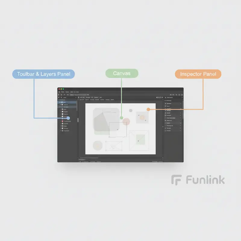 Hướng dẫn sử dụng figma - Giao diện tổng quan với các khu vực chính được chú thích rõ ràng.