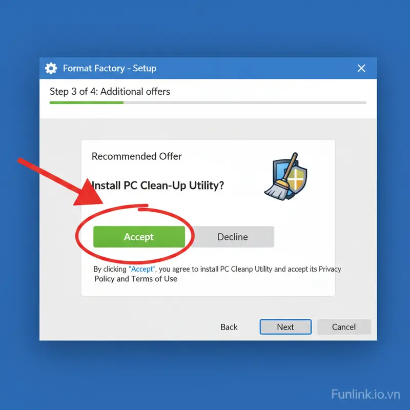 Hướng dẫn sử dụng Format Factory để cài đặt an toàn, bỏ chọn phần mềm quảng cáo.