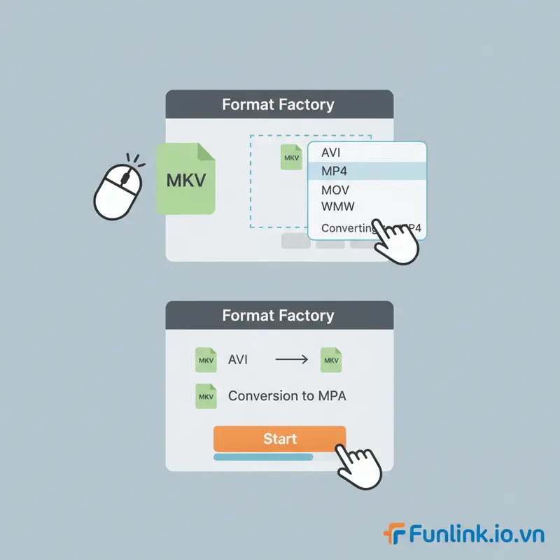 Minh họa cách chuyển đổi video bằng Format Factory trong bài hướng dẫn sử dụng Format Factory.