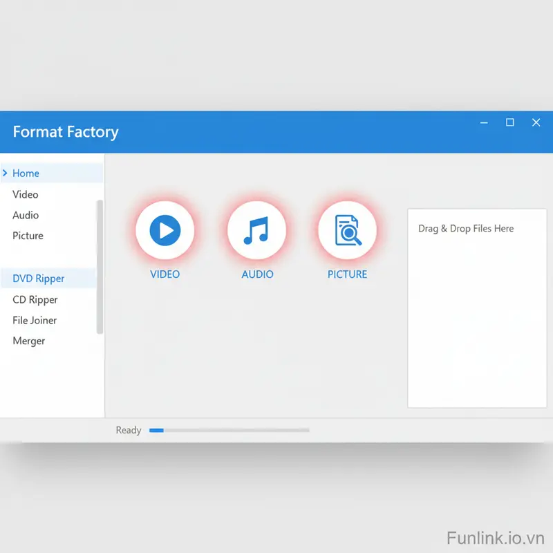 Giao diện chính trong hướng dẫn sử dụng Format Factory với các chức năng chính được làm nổi bật.