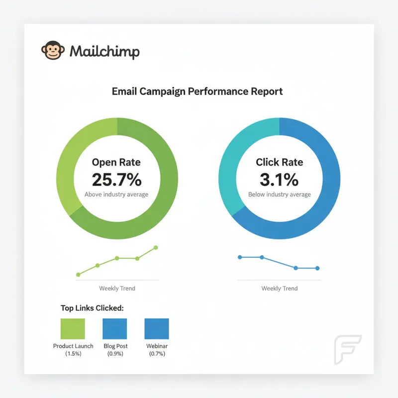 Báo cáo chiến dịch email với các chỉ số Open Rate và Click Rate được làm nổi bật trong hướng dẫn sử dụng Mailchimp.