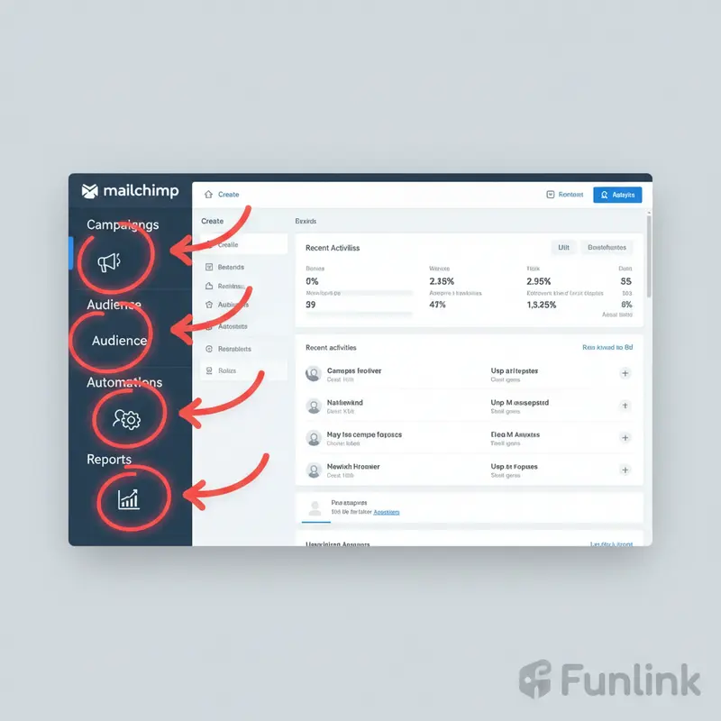 Giao diện dashboard chính trong hướng dẫn sử dụng Mailchimp, làm nổi bật các mục Campaigns, Audience và Reports.