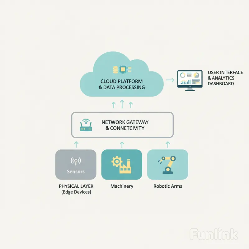 Sơ đồ tổng quan giải thích cách IIoT - IoT trong công nghiệp kết nối cảm biến, máy móc và hệ thống đám mây.