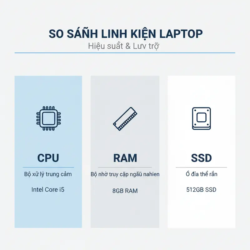 Infographic so sánh các thông số cấu hình laptop quan trọng như CPU, RAM, SSD