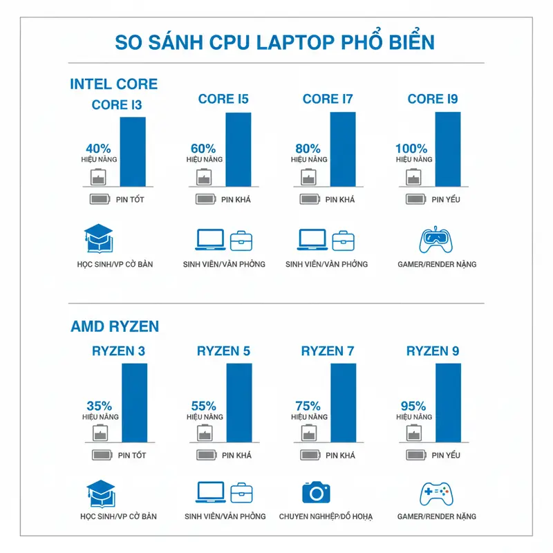 Infographic so sánh hiệu năng giữa các dòng CPU laptop phổ biến