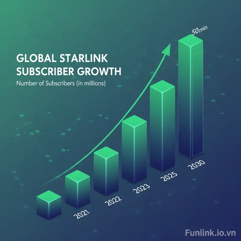 Biểu đồ cột về sự tăng trưởng của Internet vệ tinh Starlink và dự báo số lượng người dùng đến năm 2030.