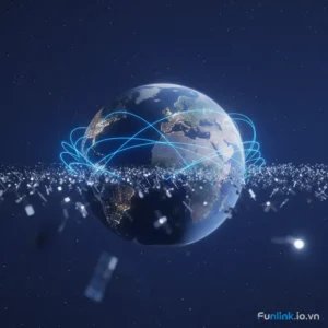 Internet vệ tinh Starlink - hình ảnh vệ tinh LEO bay quanh Trái Đất, minh họa tương lai kết nối toàn cầu.