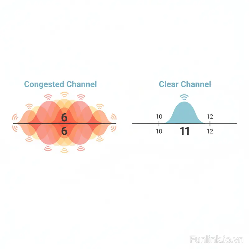 Sơ đồ minh họa nhiễu sóng kênh WiFi khi các mạng chồng chéo và một kênh WiFi thông thoáng.