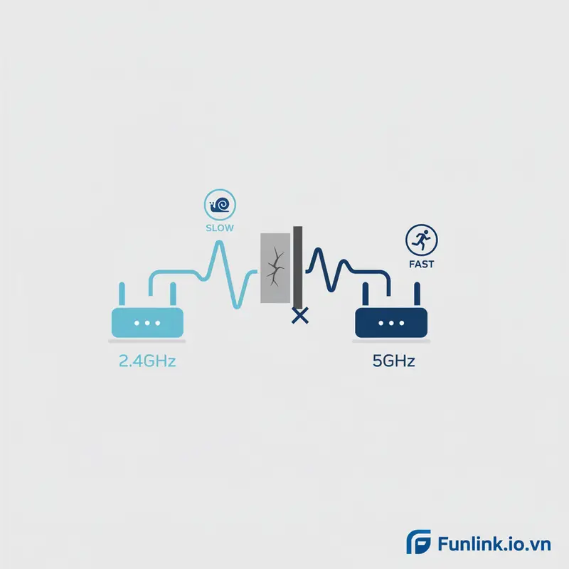 Biểu đồ so sánh tầm phủ sóng và tốc độ của kênh WiFi 2.4GHz và 5GHz.