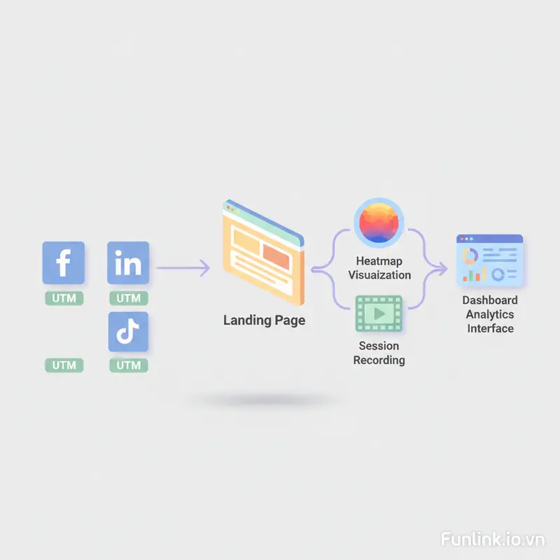 Sơ đồ luồng dữ liệu minh họa cách kết hợp UTM với heatmap để phân tích traffic social media.