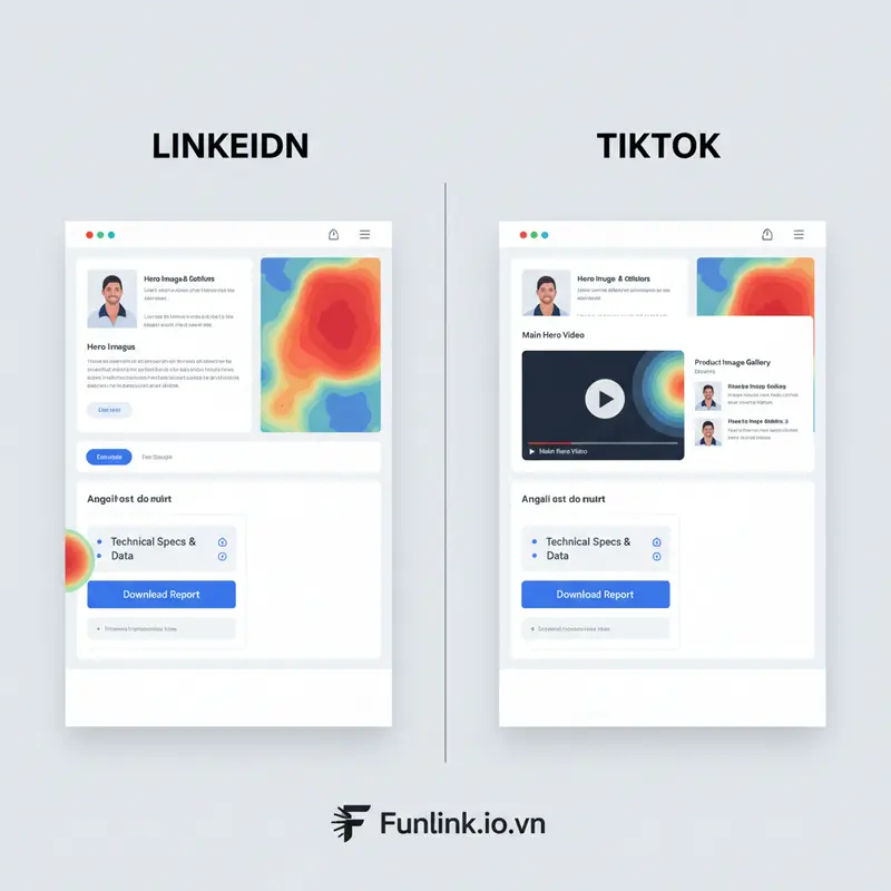 So sánh heatmap từ traffic LinkedIn và TikTok cho thấy sự khác biệt trong hành vi người dùng khi kết hợp UTM với heatmap.