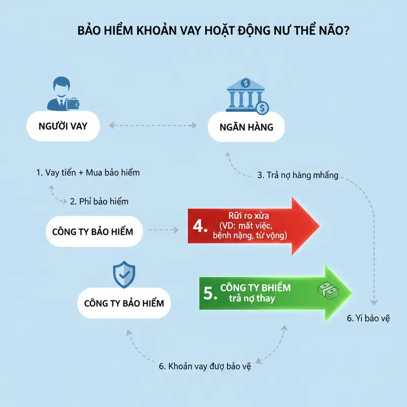 Sơ đồ giải thích cách thức hoạt động của bảo hiểm khoản vay giữa người vay, ngân hàng và công ty bảo hiểm.