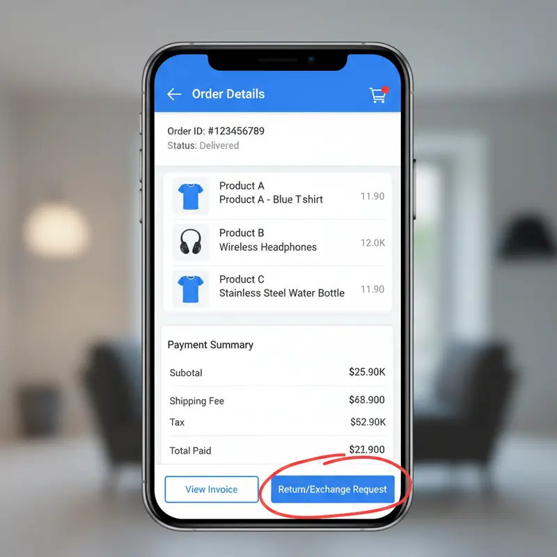 Vị trí nút Yêu cầu đổi trả trên ứng dụng Tiki để bắt đầu quy trình khiếu nại hoàn tiền.
