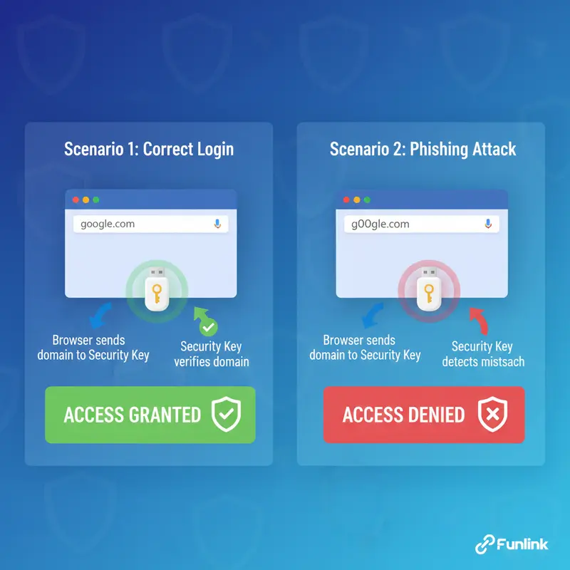 Infographic giải thích cơ chế Origin Binding của khóa bảo mật phần cứng để chống phishing.