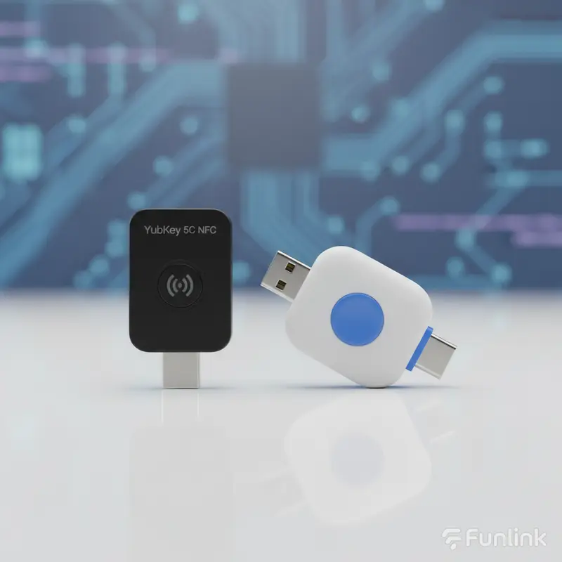 Hai loại khóa bảo mật phần cứng phổ biến: YubiKey 5 và Google Titan Security Key.