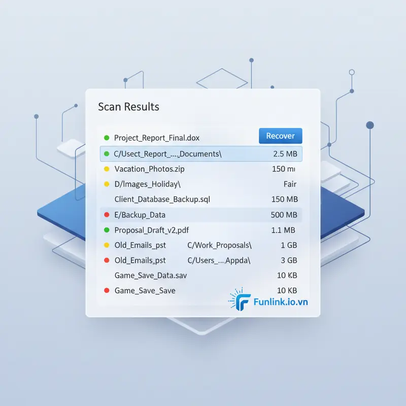 Kết quả quét của Recuva để khôi phục file đã xóa vĩnh viễn với các chấm màu.