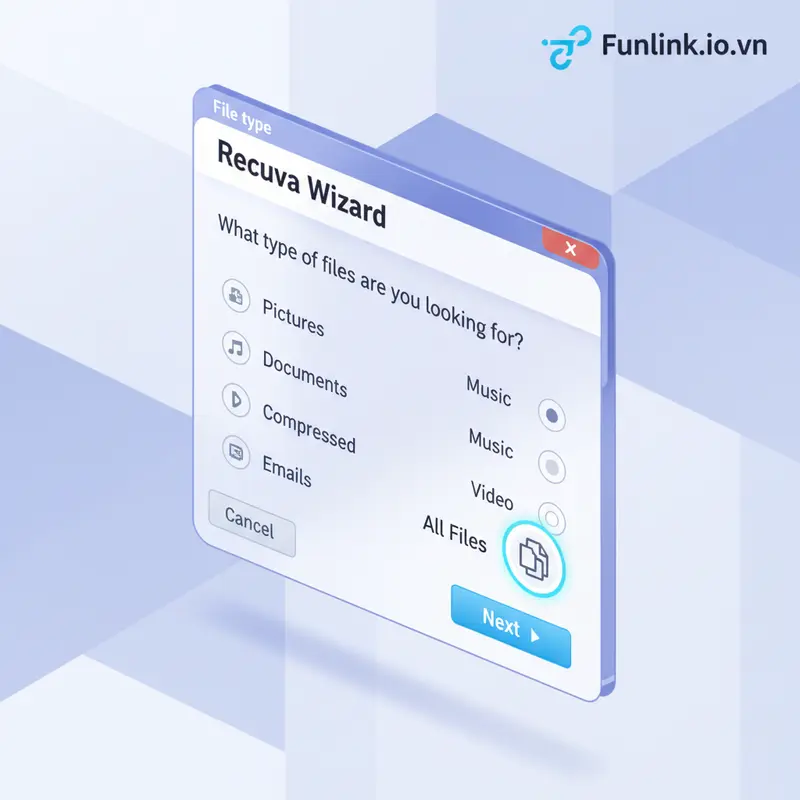Giao diện Recuva wizard để bắt đầu quá trình khôi phục file đã xóa vĩnh viễn.