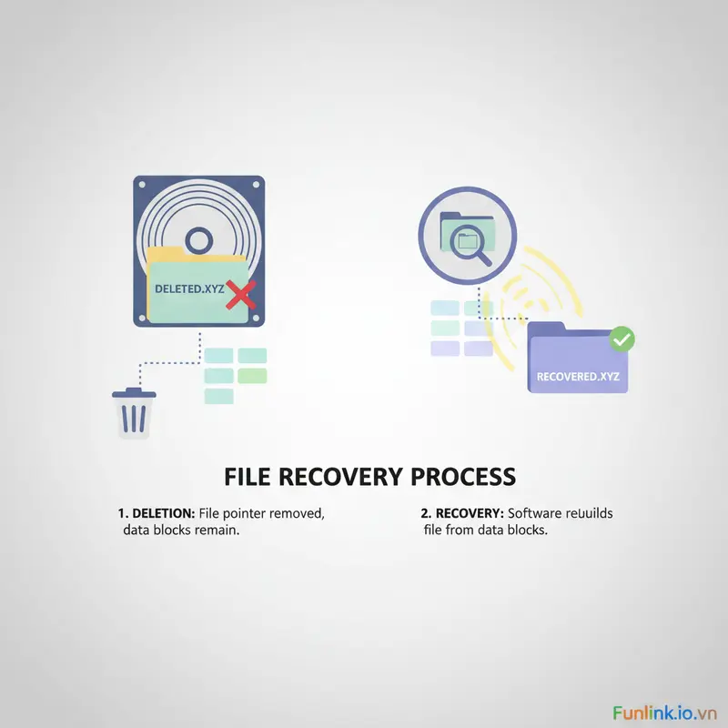 Sơ đồ minh họa nguyên lý khôi phục file đã xóa vĩnh viễn trên ổ cứng.