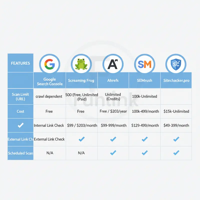 Bảng so sánh 5 công cụ kiểm tra broken link hàng đầu theo các tính năng chính như giới hạn quét và chi phí.