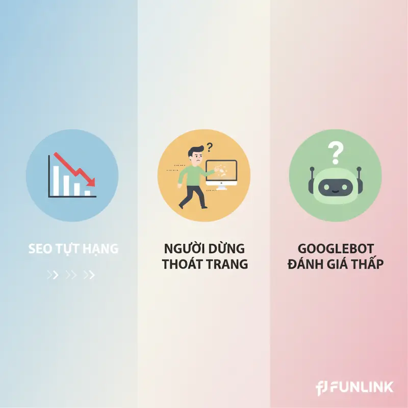 Infographic 3 tác hại của việc không kiểm tra broken link: SEO tụt hạng, người dùng thoát, và Google đánh giá thấp.