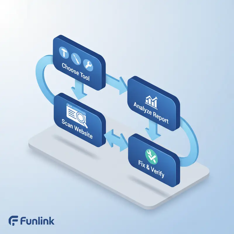 Sơ đồ quy trình 4 bước kiểm tra broken link và xử lý lỗi 404 hiệu quả cho website.