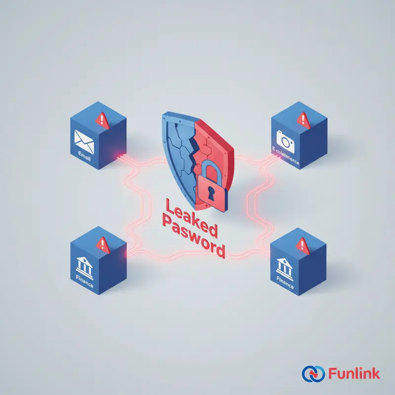 Sơ đồ rủi ro dùng chung mật khẩu, minh họa cho việc kiểm tra email có bị rò rỉ dữ liệu không.