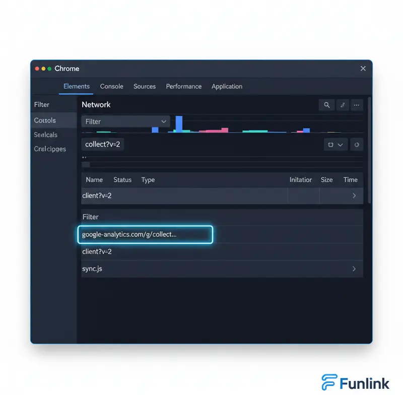 Kiểm tra mã tracking GA4 bằng Chrome DevTools, highlight request gửi đến google-analytics.com trong tab Network.