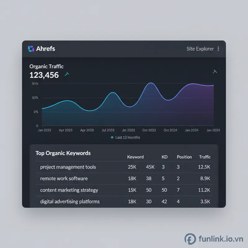 Kiểm tra traffic website đối thủ trên Ahrefs với biểu đồ Organic Traffic và danh sách các từ khóa hàng đầu.